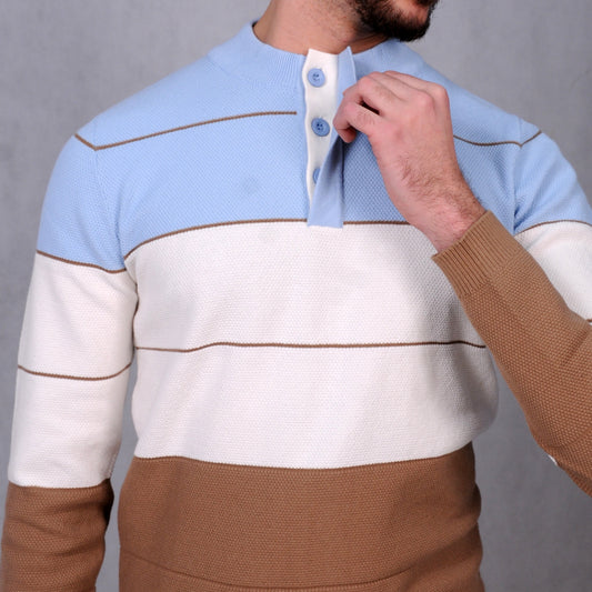 SALE! 2H #46030 Colorful Blue/White/Brown With 3 Buttons High Neck Sweater