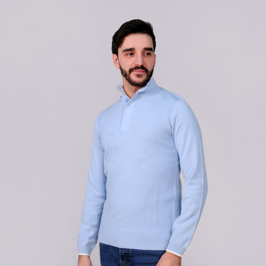 2H #46038 Blue Pure Cotton With 3 Buttons High Neck Sweater