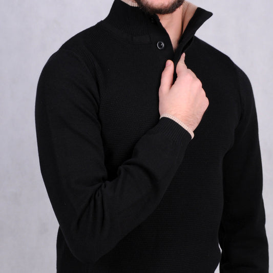 2H #46038 Black Pure Cotton With 3 Buttons High Neck Sweater