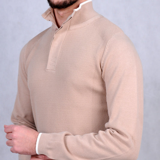 2H #46038 Beige Pure Cotton With 3 Buttons High Neck Sweater