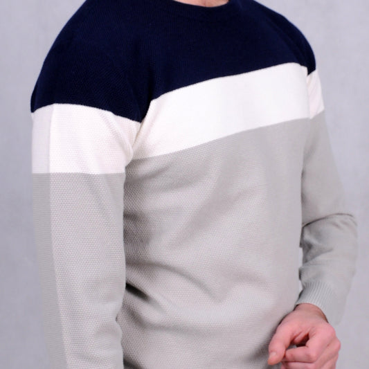 2H #46031 Colorful Navy/White/Gray Round Neck Sweater