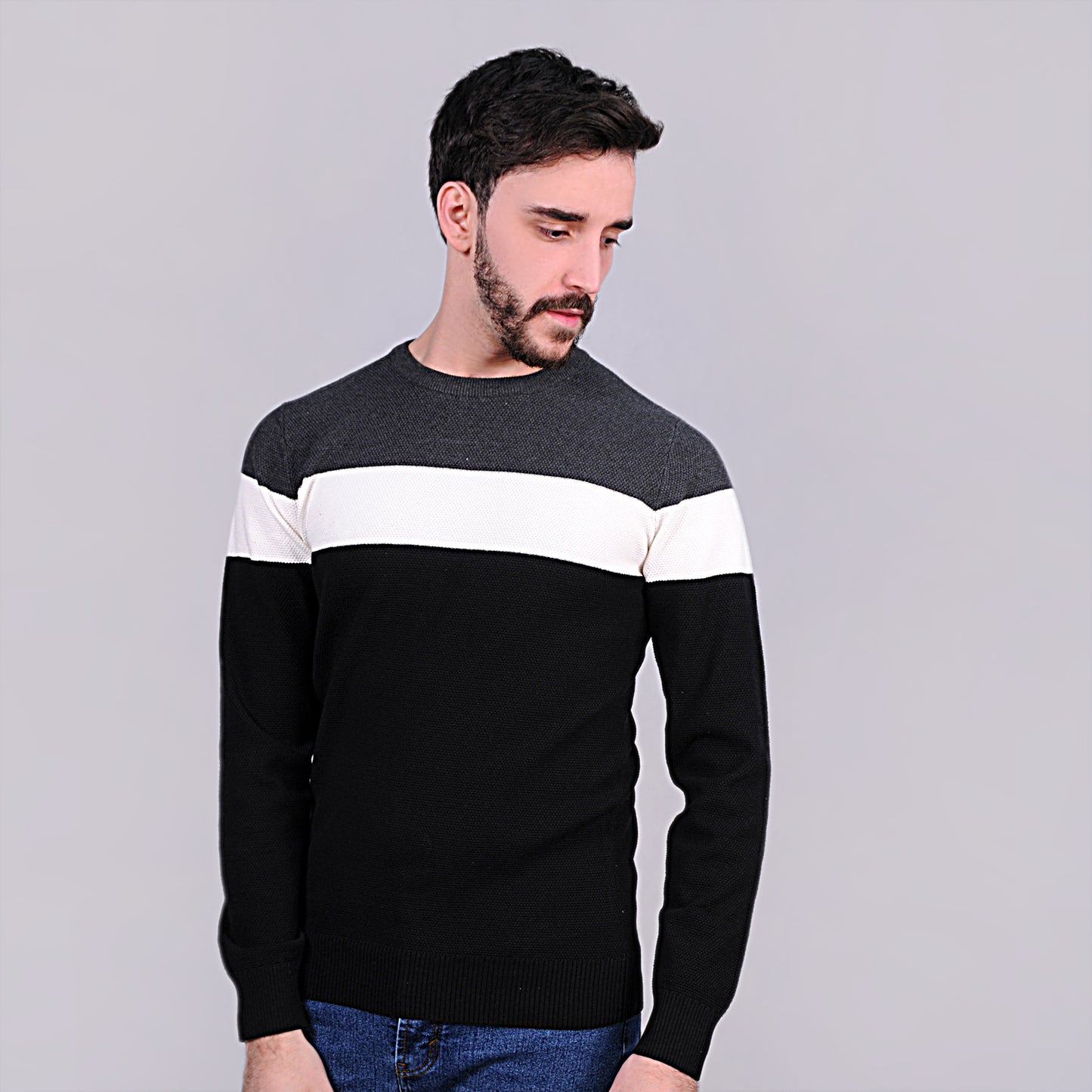 2H #46031 Colorful Gray/White/Black Round Neck Sweater