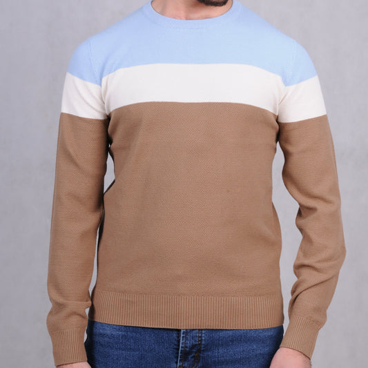 2H #46031 Colorful Blue/White/Brown Round Neck Sweater
