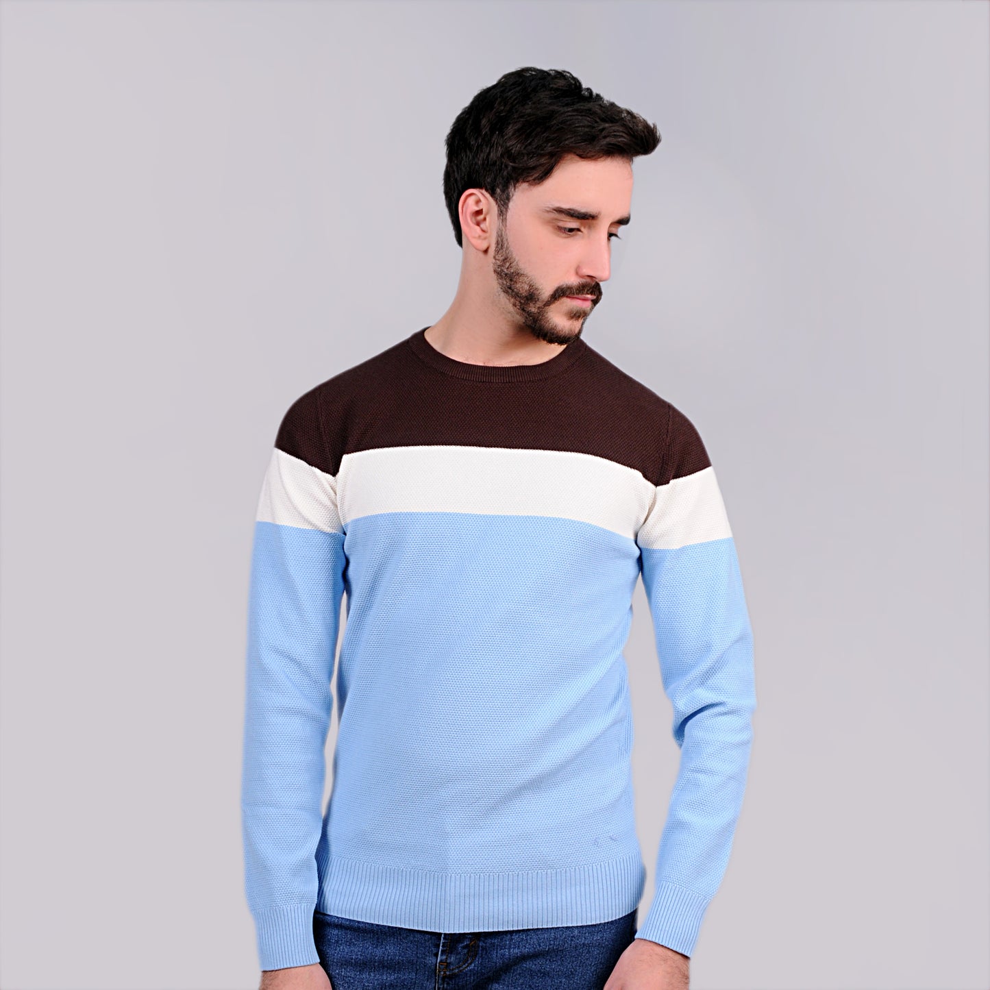 2H #46031 Colorful Brown/White/Blue Round Neck Sweater