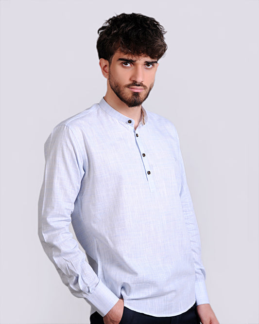 2H Light Blue Linen Three-Button Shirt