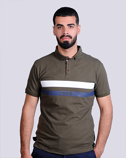2H #77034 Olive Green Printed Polo T-shirt
