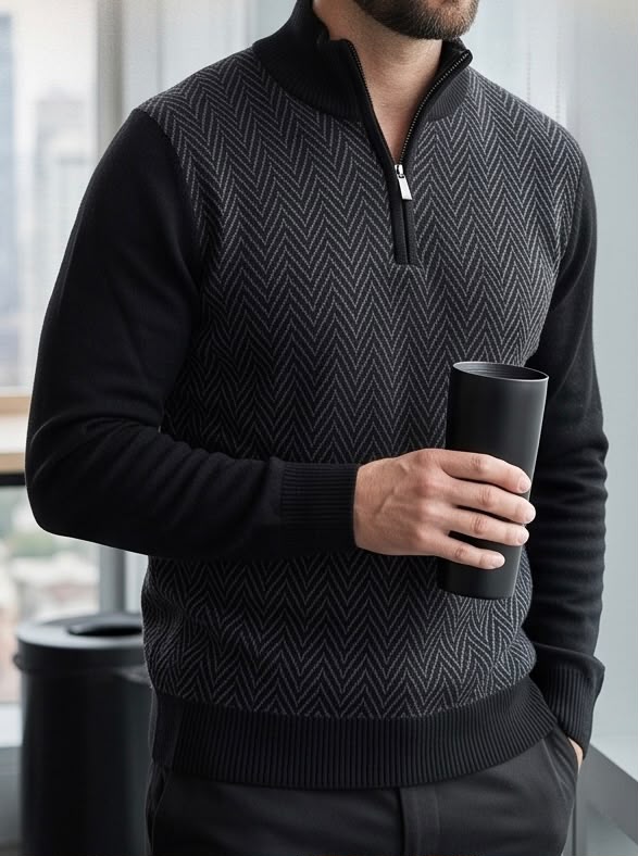 2H #461 Black High Neck zippered Knitted Sweater