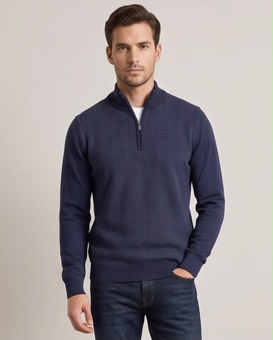 2H #461 Navy High Neck zippered Knitted Sweater