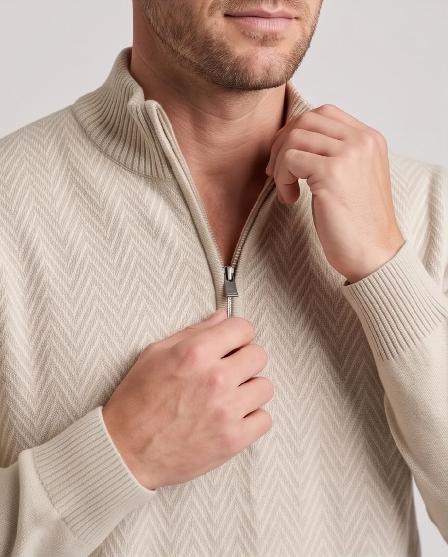 2H #461 Beige High Neck zippered Knitted Sweater