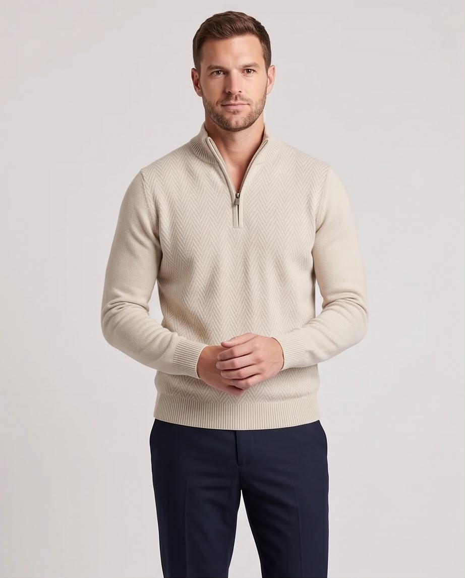 2H #461 Beige High Neck zippered Knitted Sweater