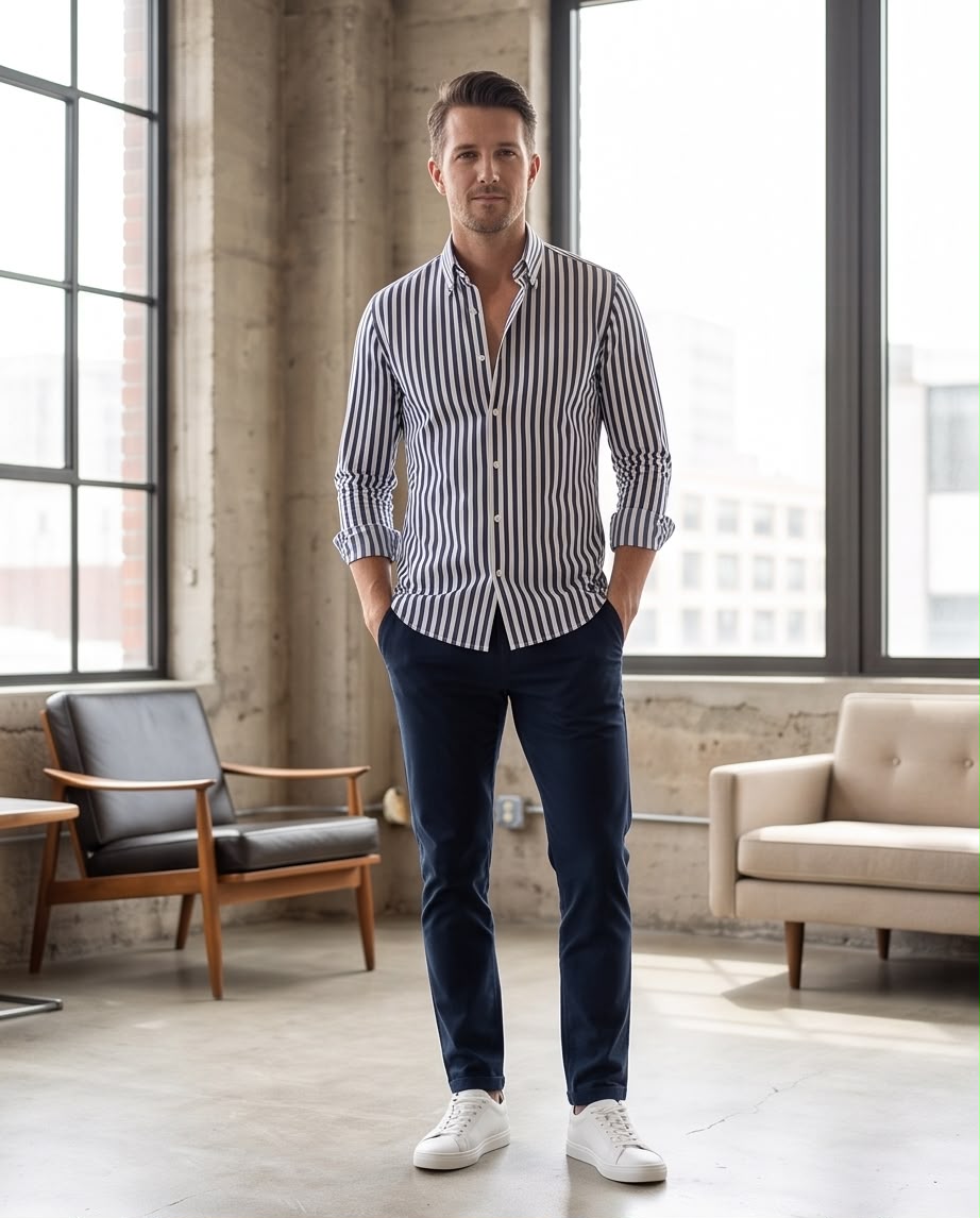 2H Navy Striped Casual Shirt