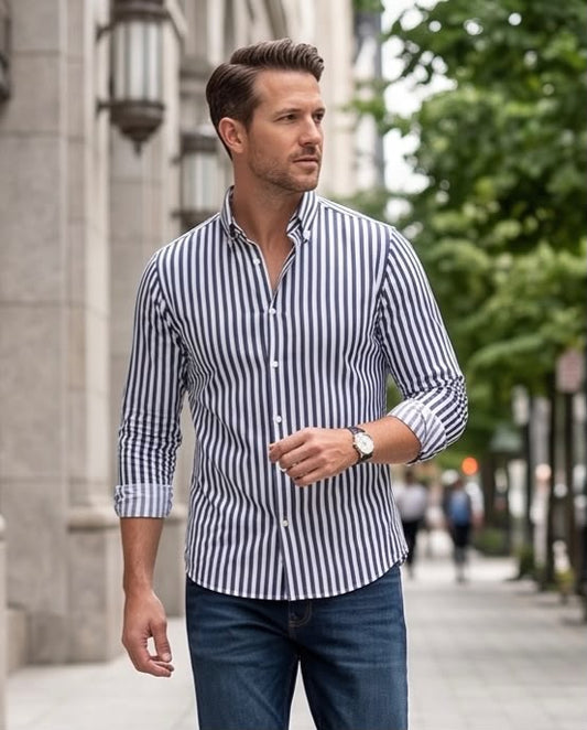 2H Navy Striped Casual Shirt