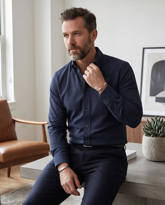 2H Navy Embossed Casual Shirt
