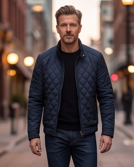 2H Navy Diamond-Quilted Casual Jacket