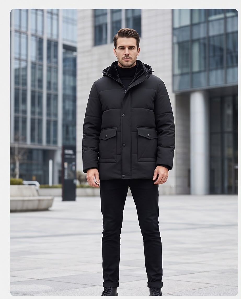 2H Black Hooded Quilted Winter Jacket