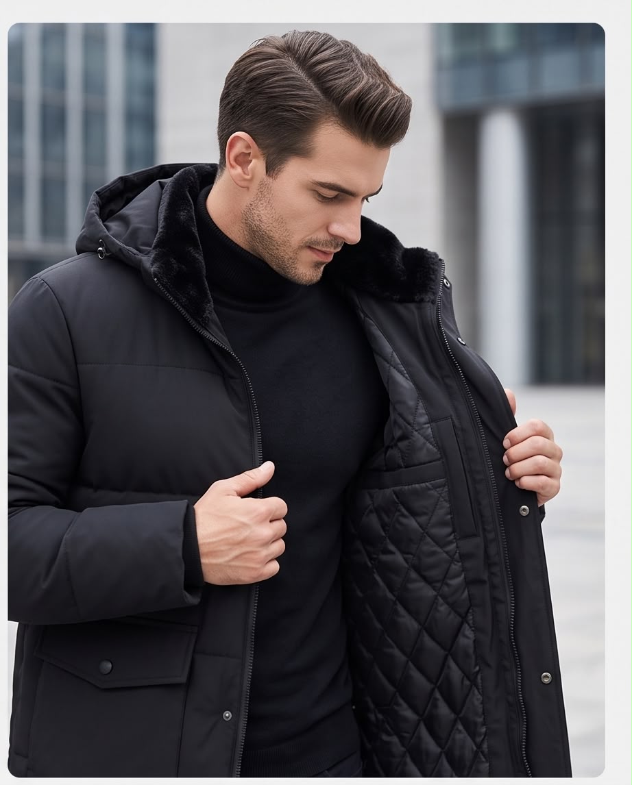 2H Black Hooded Quilted Winter Jacket