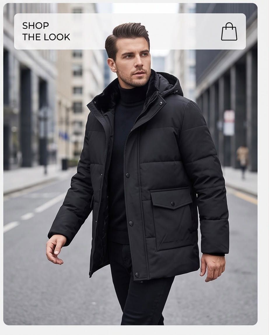 2H Black Hooded Quilted Winter Jacket