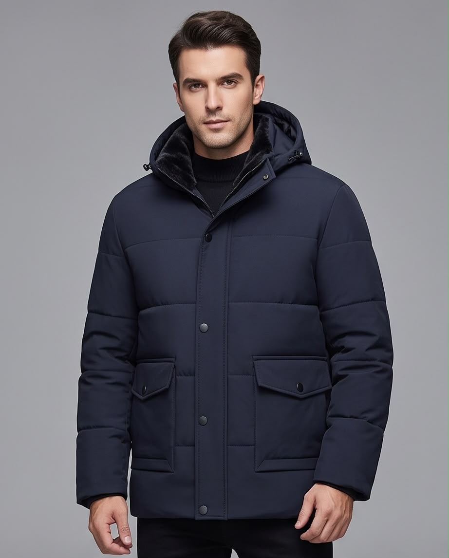 2H Navy Hooded Quilted Winter Jacket
