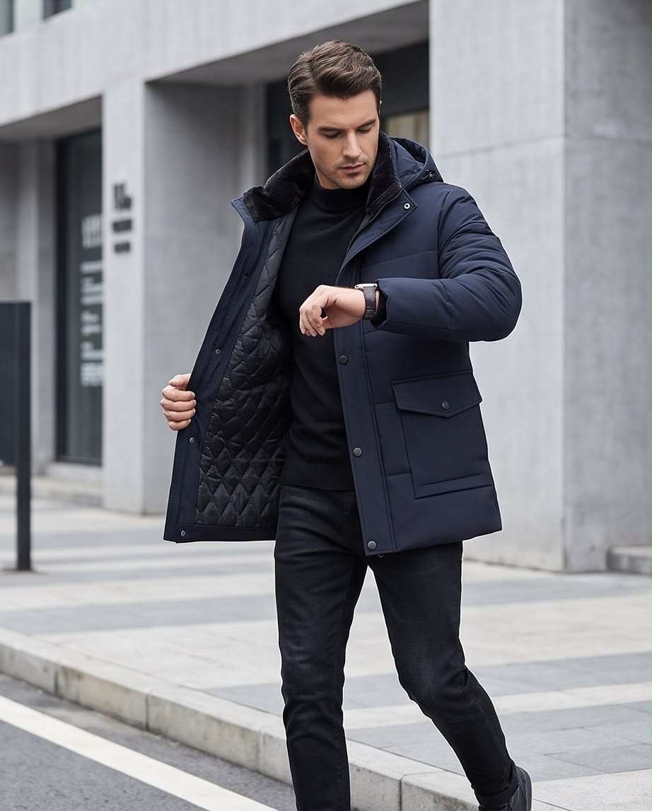 2H Navy Hooded Quilted Winter Jacket