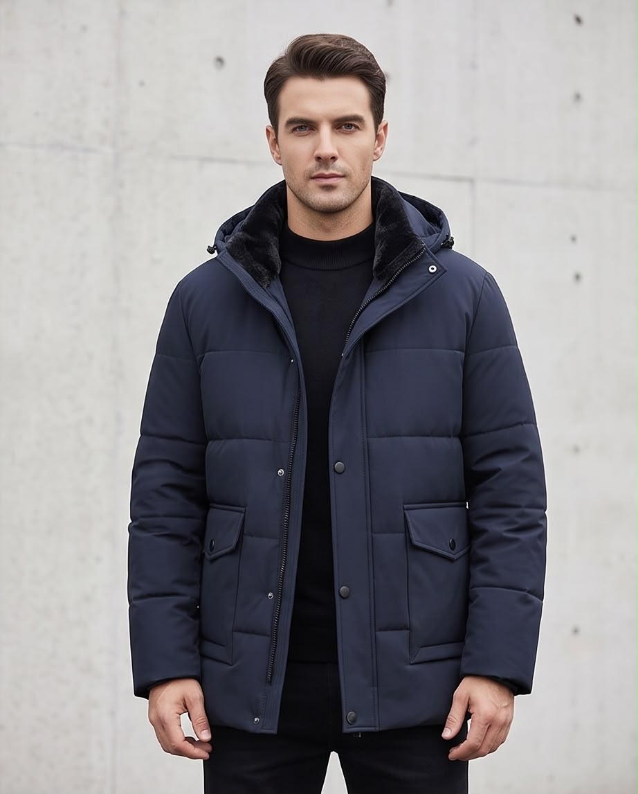 2H Navy Hooded Quilted Winter Jacket