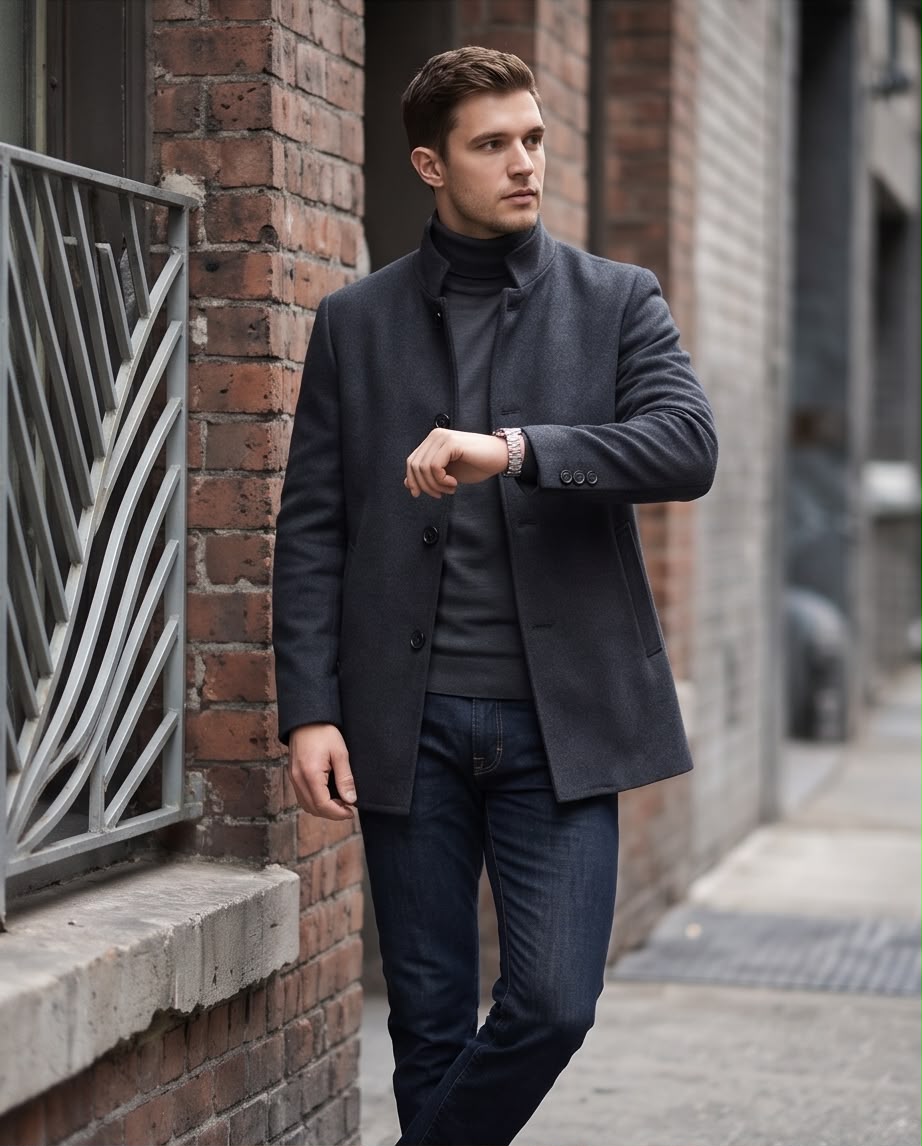 2H Charcoal Gray Stand Collar Wool Coat