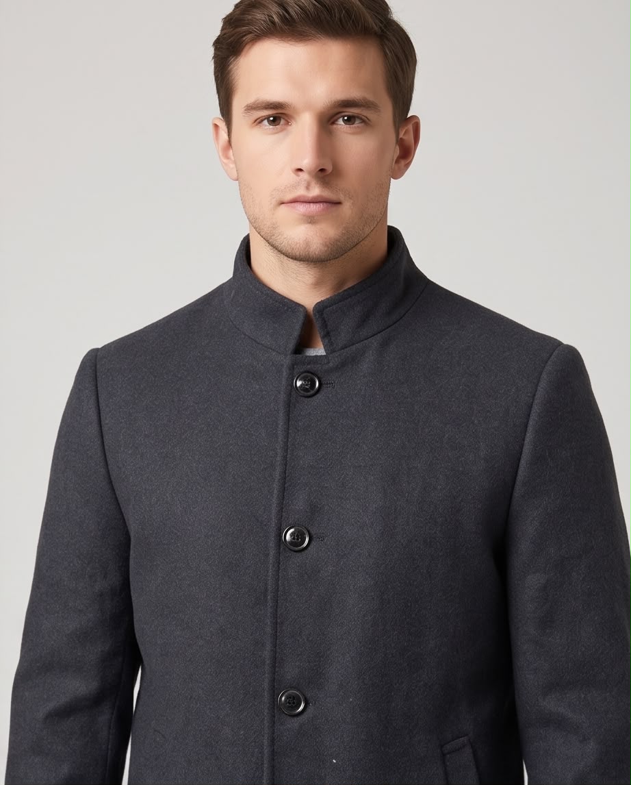 2H Charcoal Gray Stand Collar Wool Coat