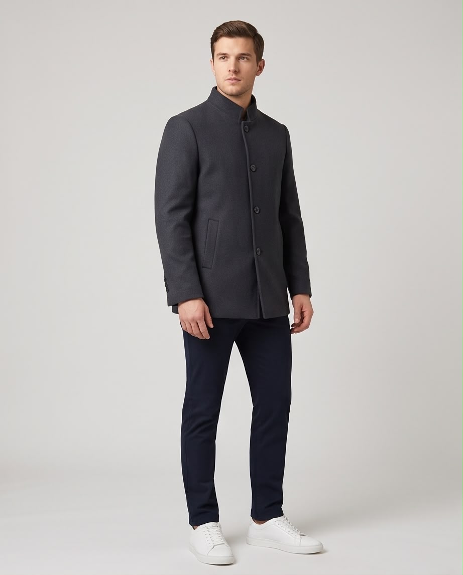 2H Charcoal Gray Stand Collar Wool Coat