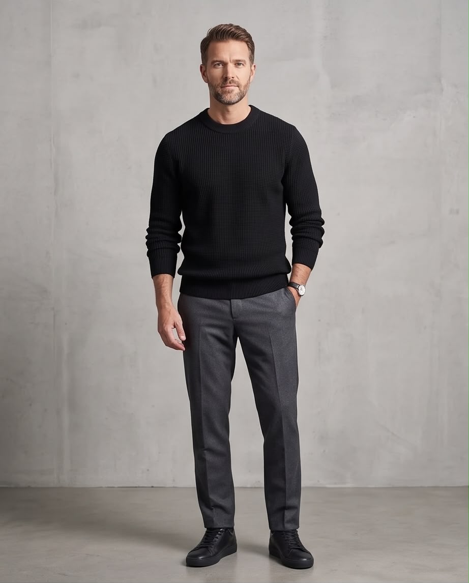 2H Black Round Neck Knitted Sweater