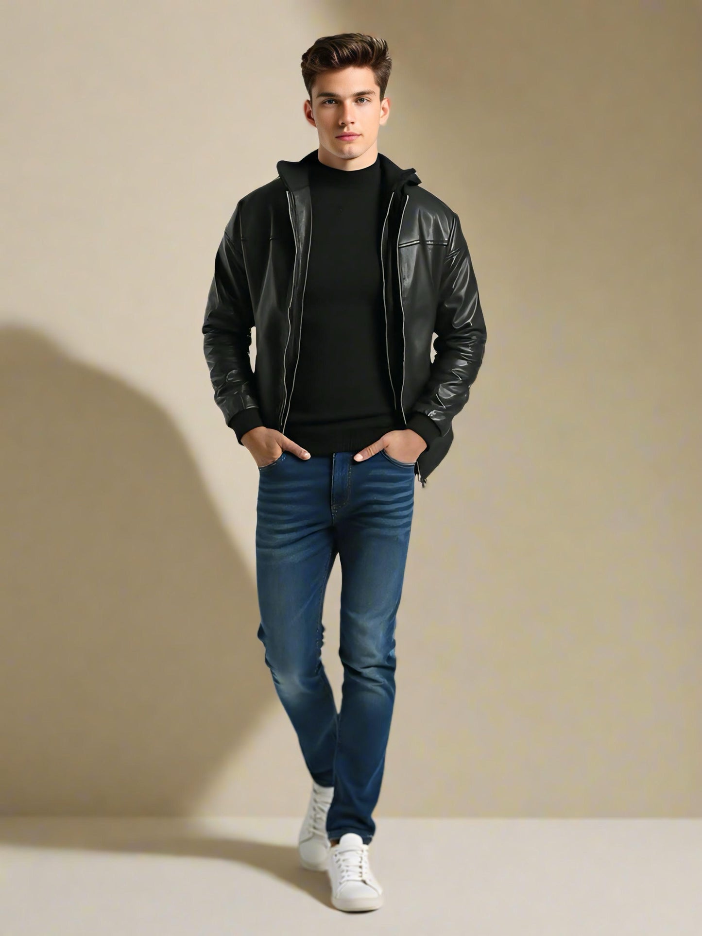 2H #906 Leather Casual Hooded Jacket