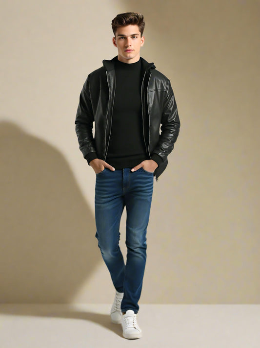 2H #906 Leather Casual Hooded Jacket