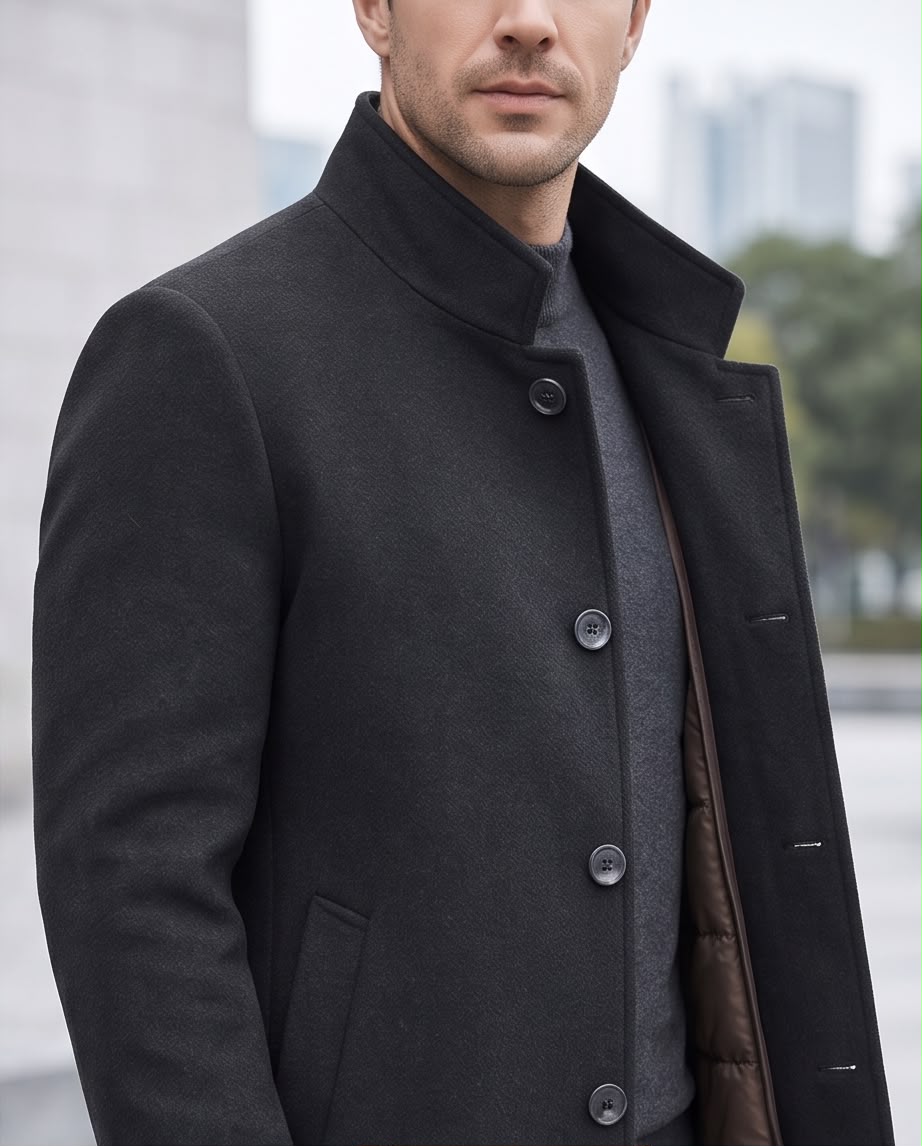 2H Charcoal Gray Stand Collar Wool Coat