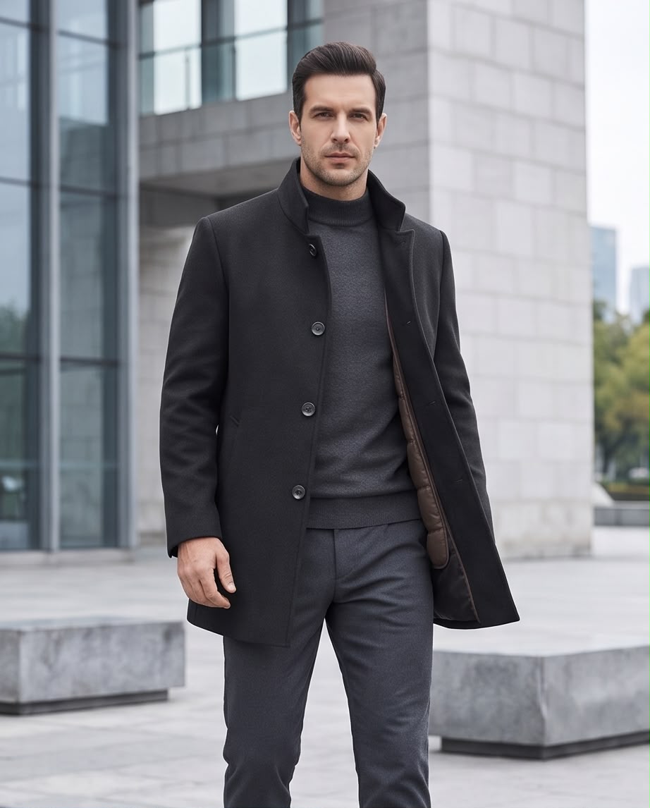 2H Charcoal Gray Stand Collar Wool Coat