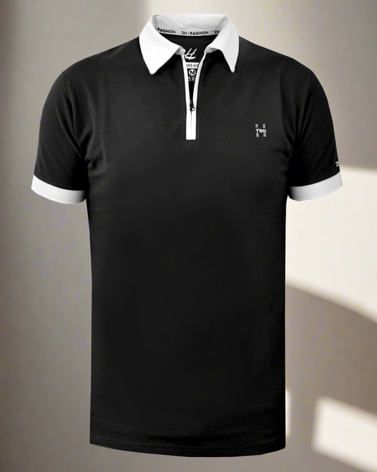 SALE! 2H #77030 Black Polo T-shirt With White Neck
