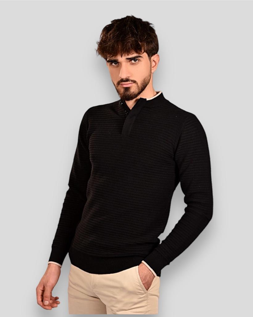 2H #46037 Black Pure Cotton With 3 Buttons High Neck Sweater