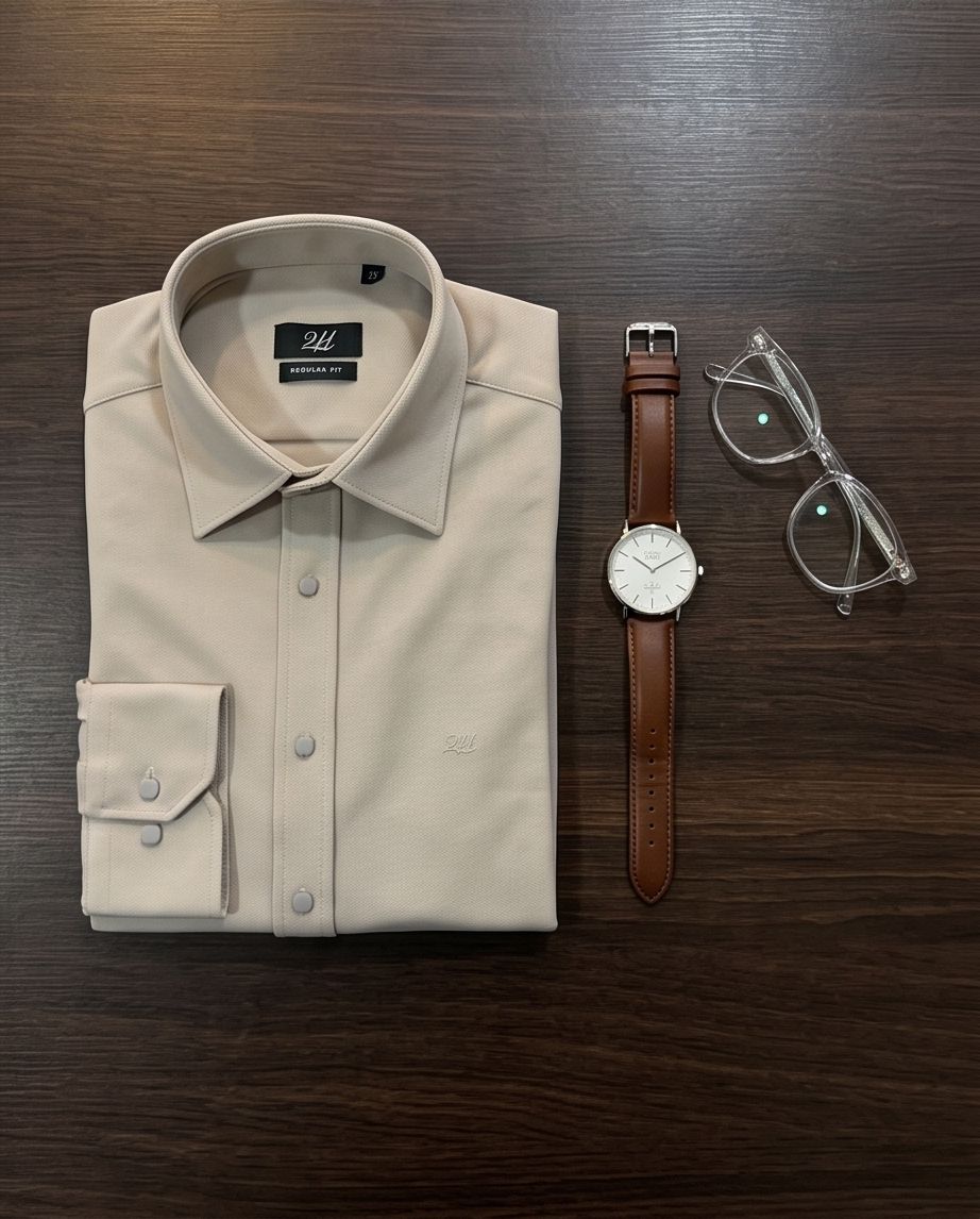 2H Snap Khaki Shirt Embossed Full Lycra Regular Fit