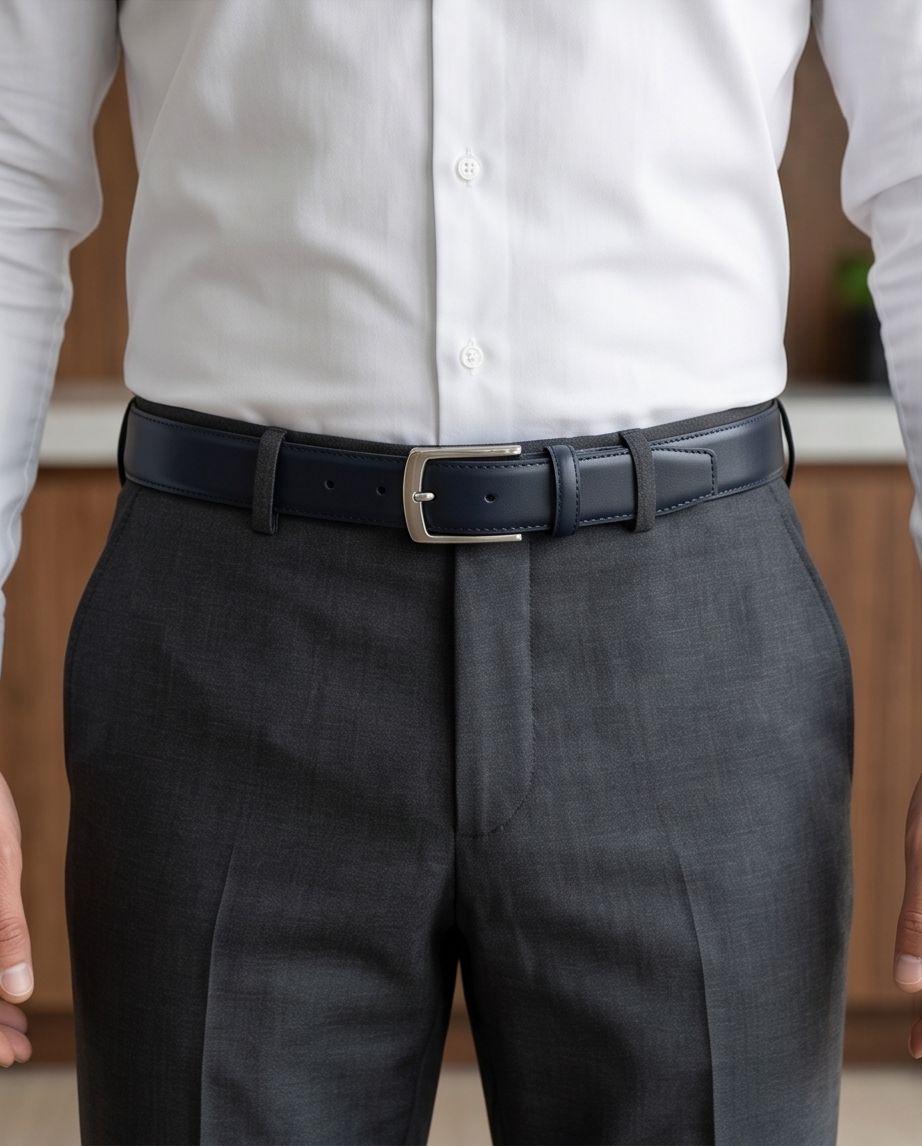 2H Navy Genuine Leather Formal Belt