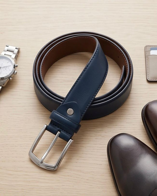 2H Navy Genuine Leather Formal Belt