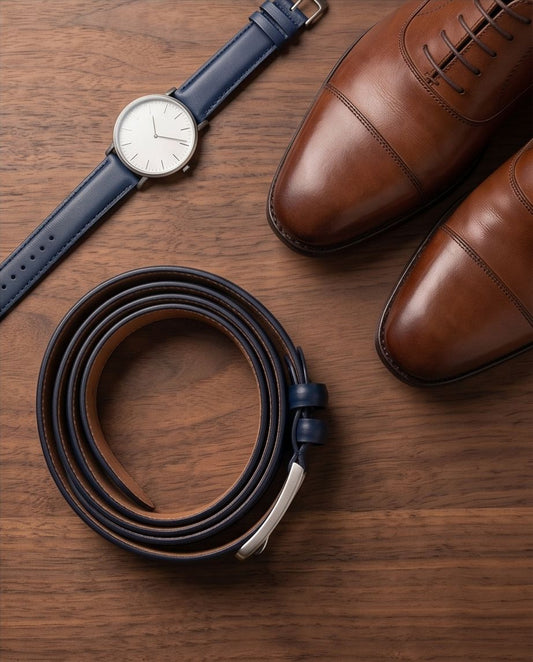 2H Navy Genuine Leather Formal Belt