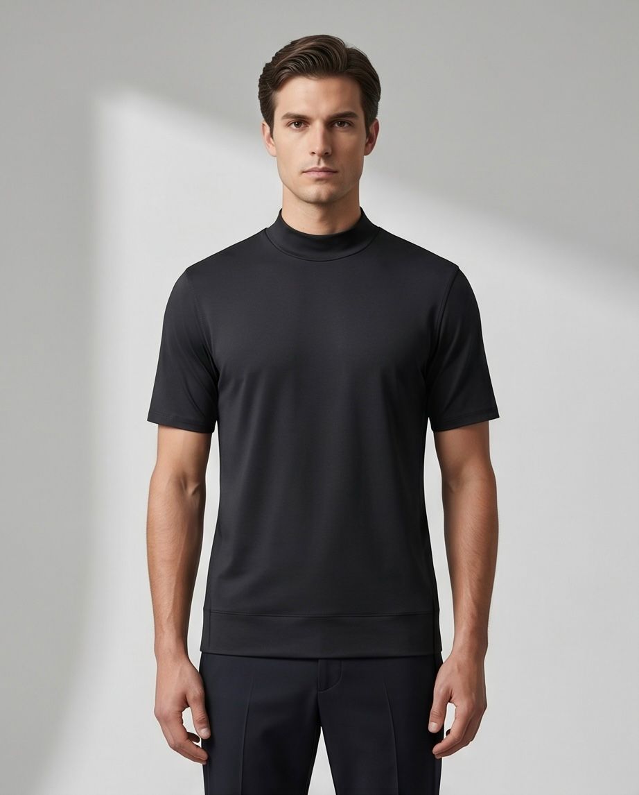 2H #12576 Black Mercerized Cotton High Neck T-Shirt