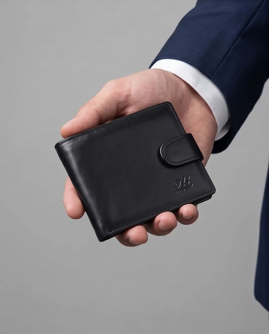 2H #1067 plain Black Genuine Leather Wallet