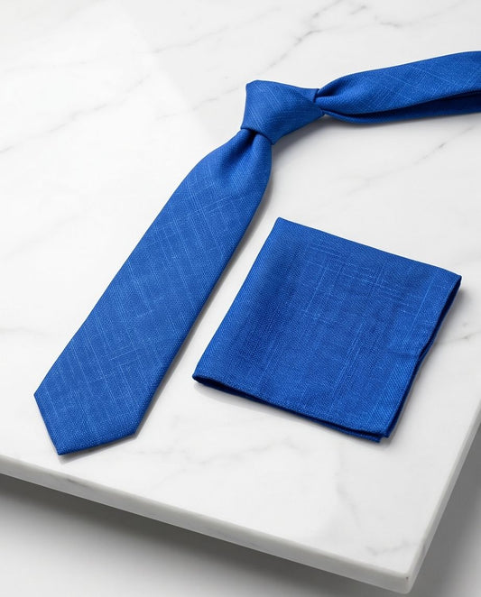 2H Look Linen Blue Necktie With Foulard