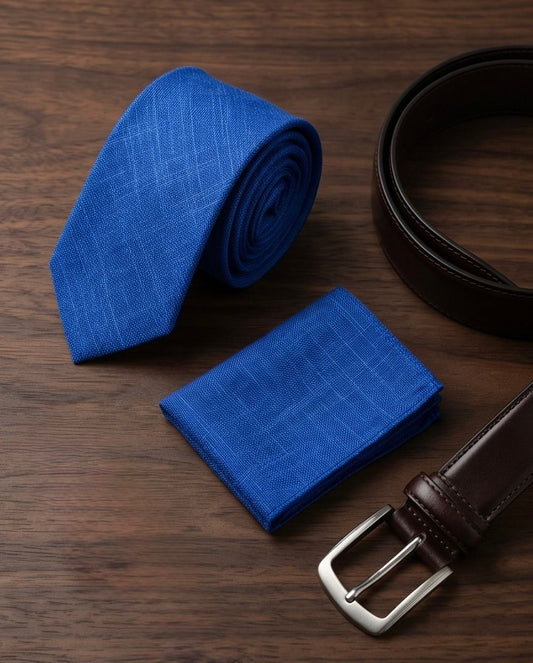 2H Look Linen Blue Necktie With Foulard
