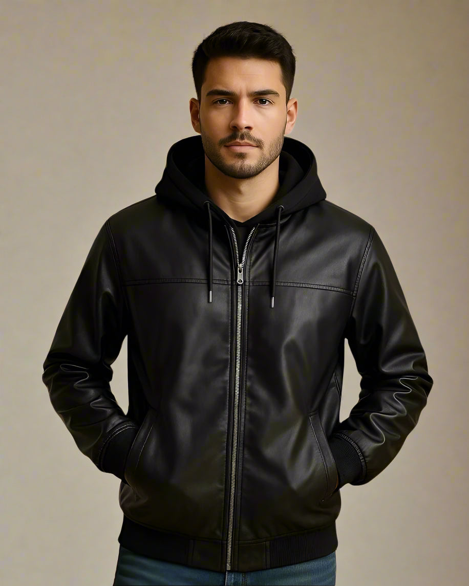 2H #906 Leather Casual Hooded Jacket