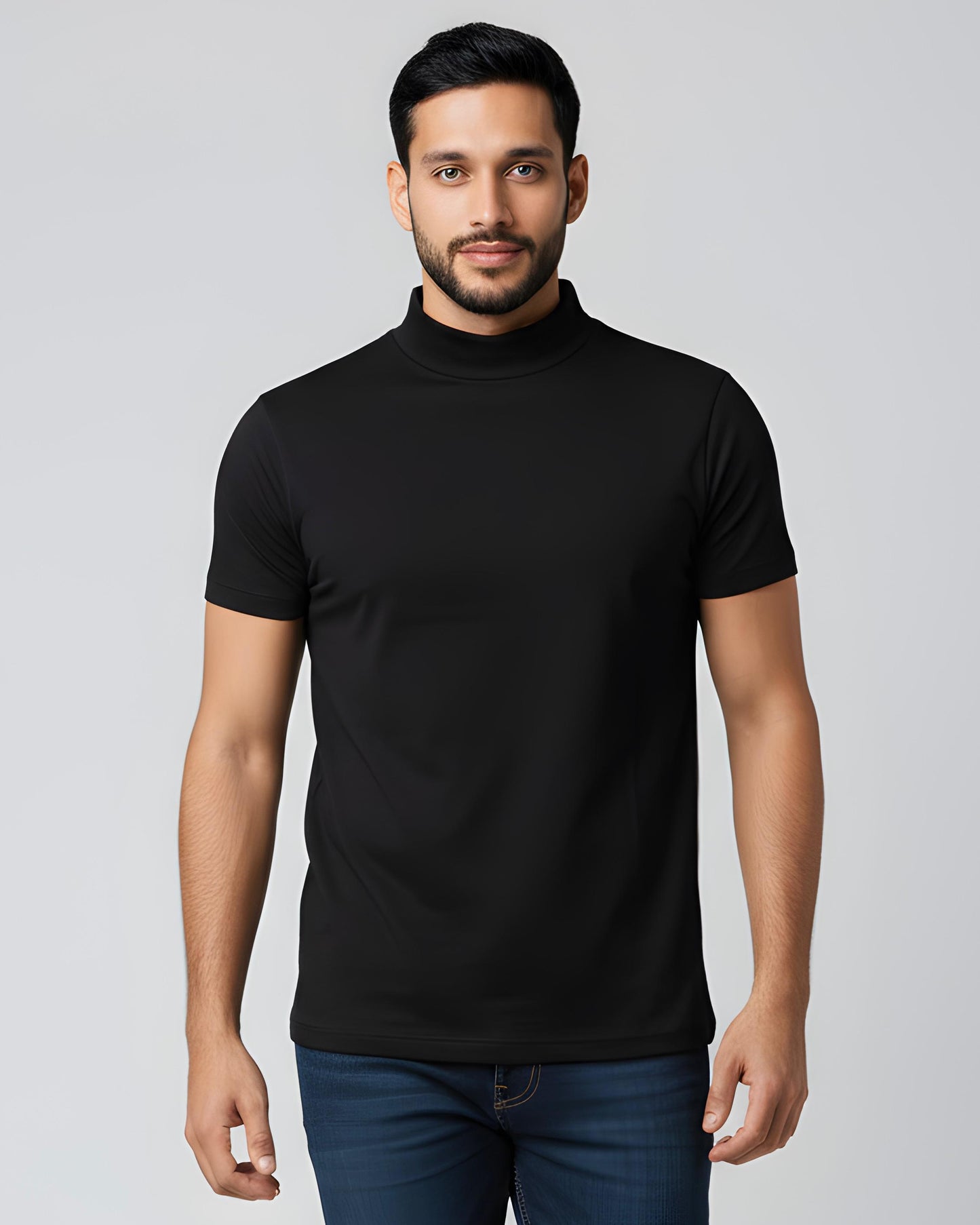 2H #12576 Black Mercerized Cotton High Neck T-Shirt