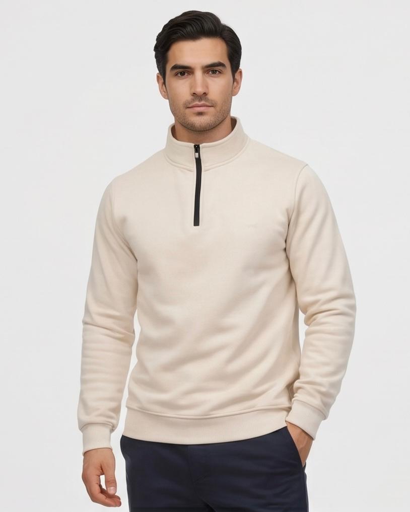 2H #9344 Light Beige High Neck Sweater With Zipper