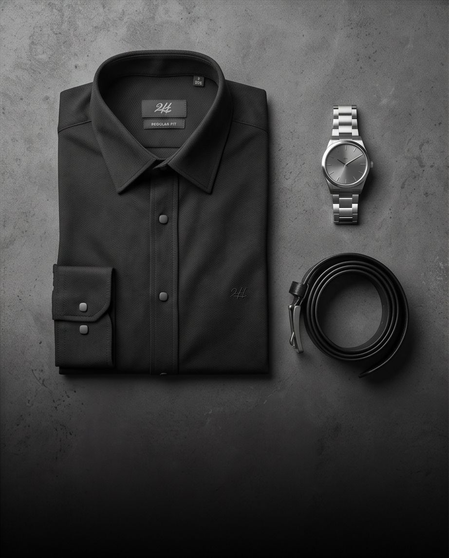 2H Snap Black Shirt Embossed Full Lycra Regular Fit