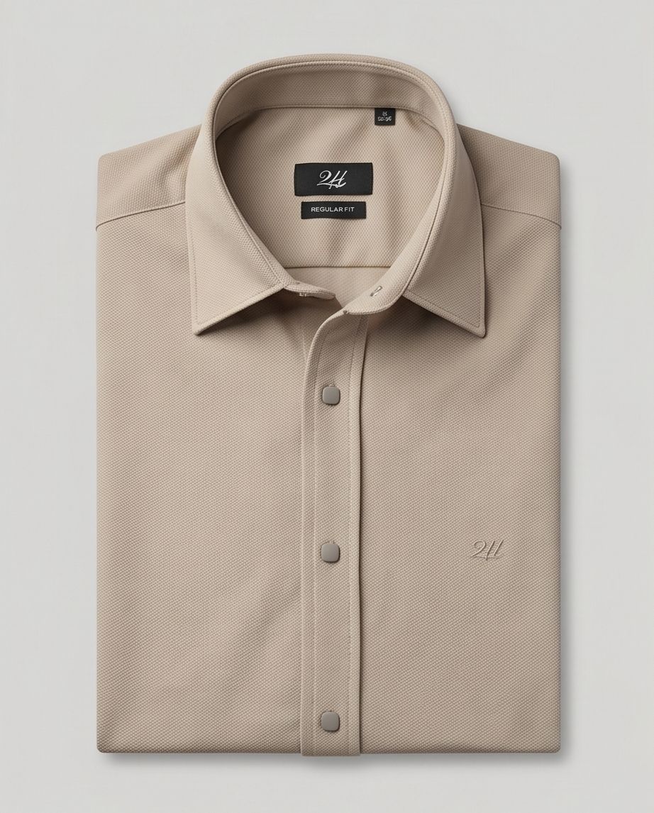 2H Snap Khaki Shirt Embossed Full Lycra Regular Fit
