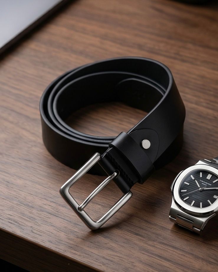 2H Black Genuine Leather Casual Belt