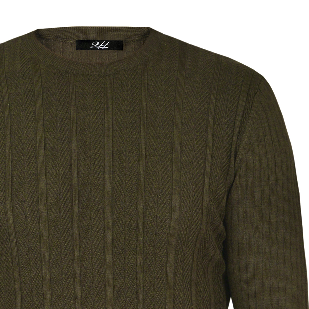 2H Olive Green Braided Striped Knitted Round Neck Sweater
