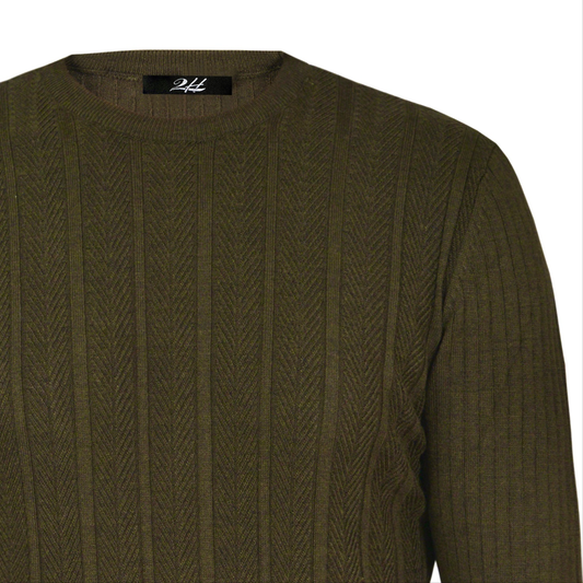 SALE! 2H Olive Green Braided Striped Knitted Round Neck Sweater